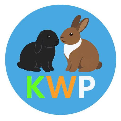 Twee konijnen in een blauw rondje met de letters: K (felgroen), W (diep lichtoranje) en P (wit).